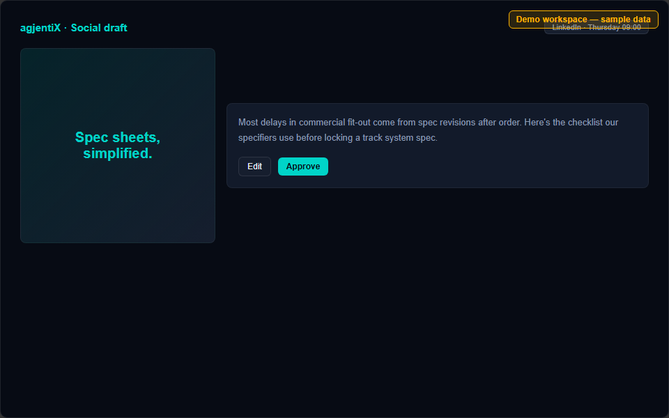 Social post draft with a paired visual, in a demo workspace.
