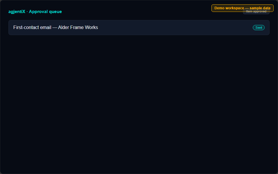 Approval queue item moving from awaiting approval to sent, in a demo workspace.